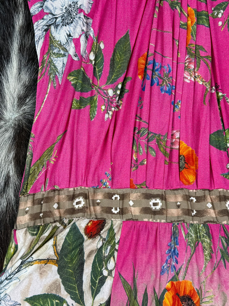 Class Roberto Cavalli 2000s Pink Floral Drop Waist Midi Dress