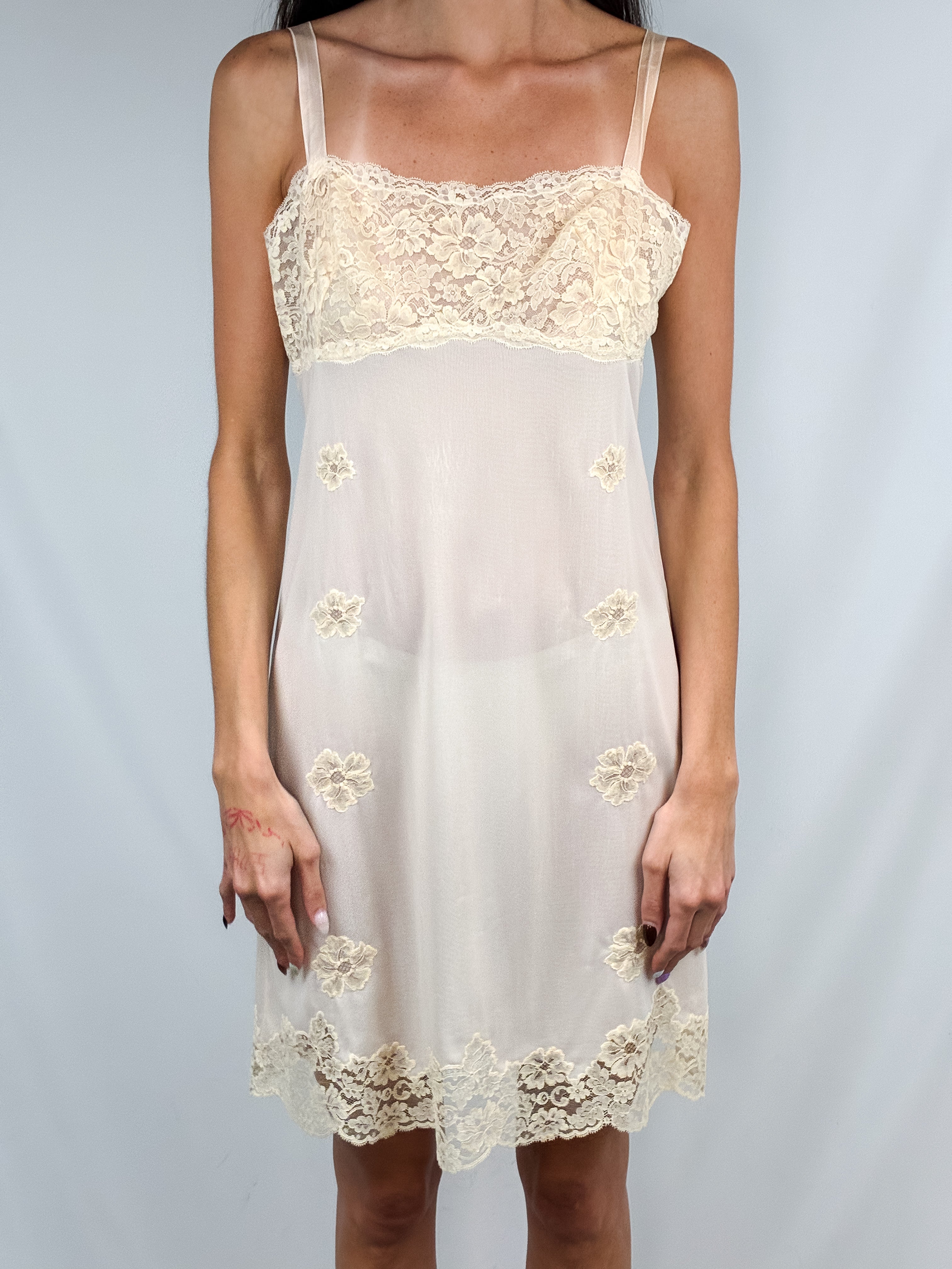 Christian Dior 1990s Cream Lace Applique Slip Dress - S/M