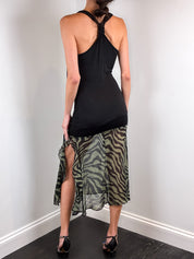 2000s Black Jersey and Khaki Zebra Chiffon Drop Waist Dress - S-L