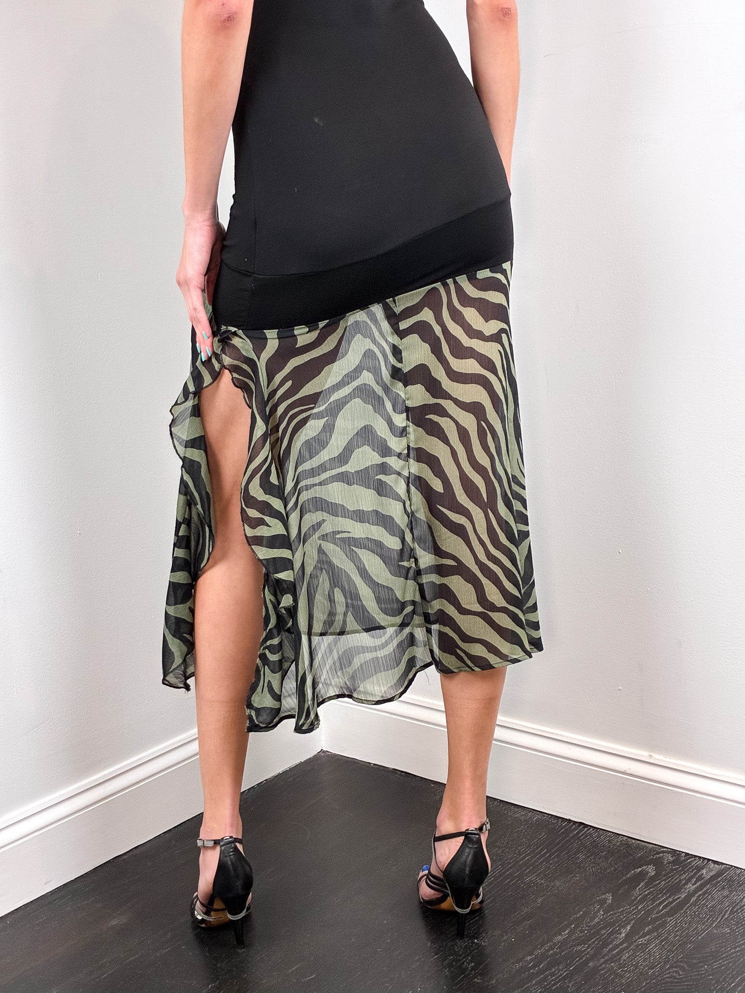 2000s Black Jersey and Khaki Zebra Chiffon Drop Waist Dress - S-L