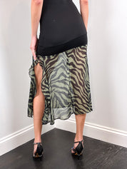 2000s Black Jersey and Khaki Zebra Chiffon Drop Waist Dress - S-L