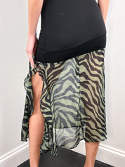 2000s Black Jersey and Khaki Zebra Chiffon Drop Waist Dress - S-L