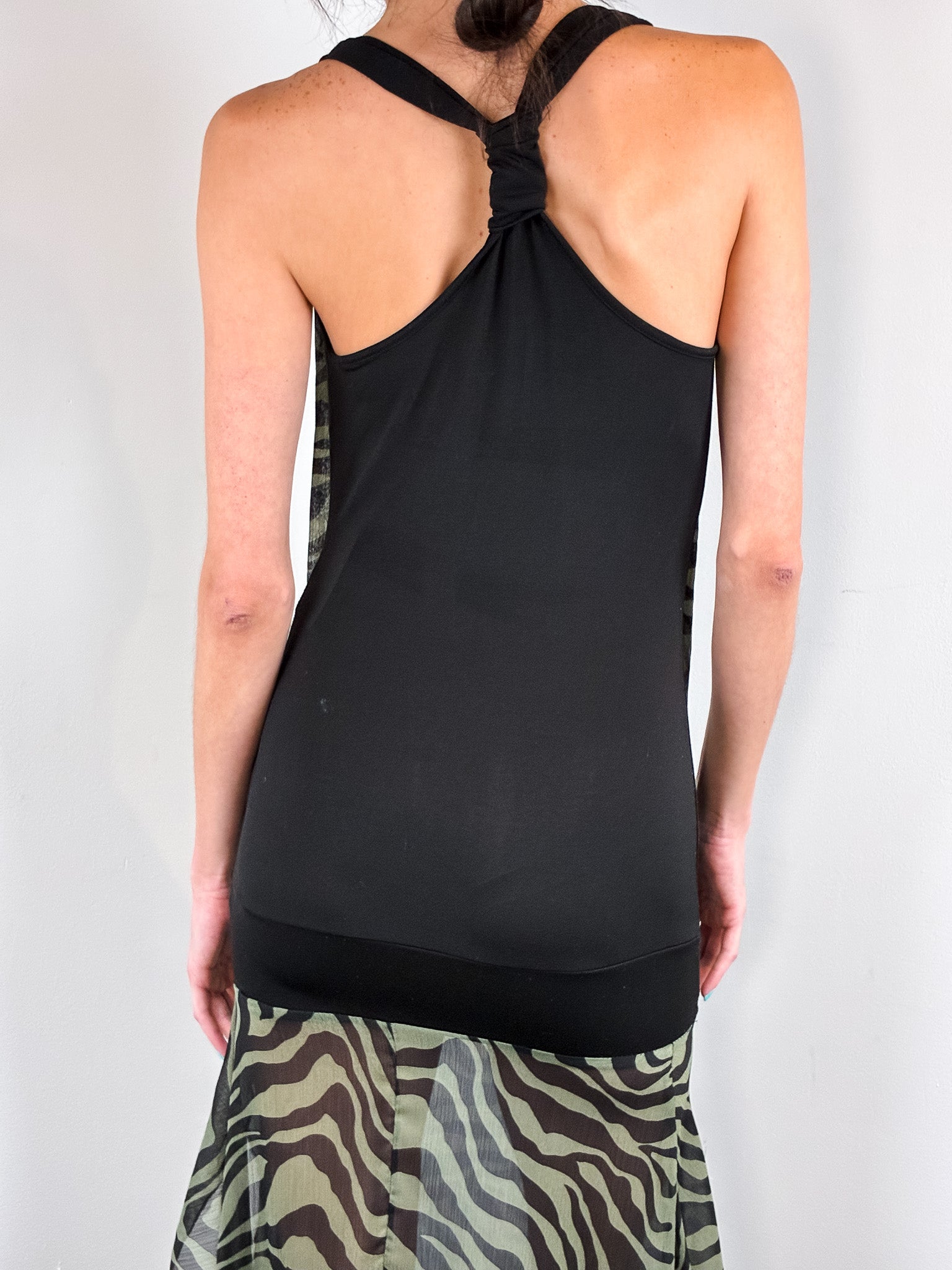 2000s Black Jersey and Khaki Zebra Chiffon Drop Waist Dress - S-L