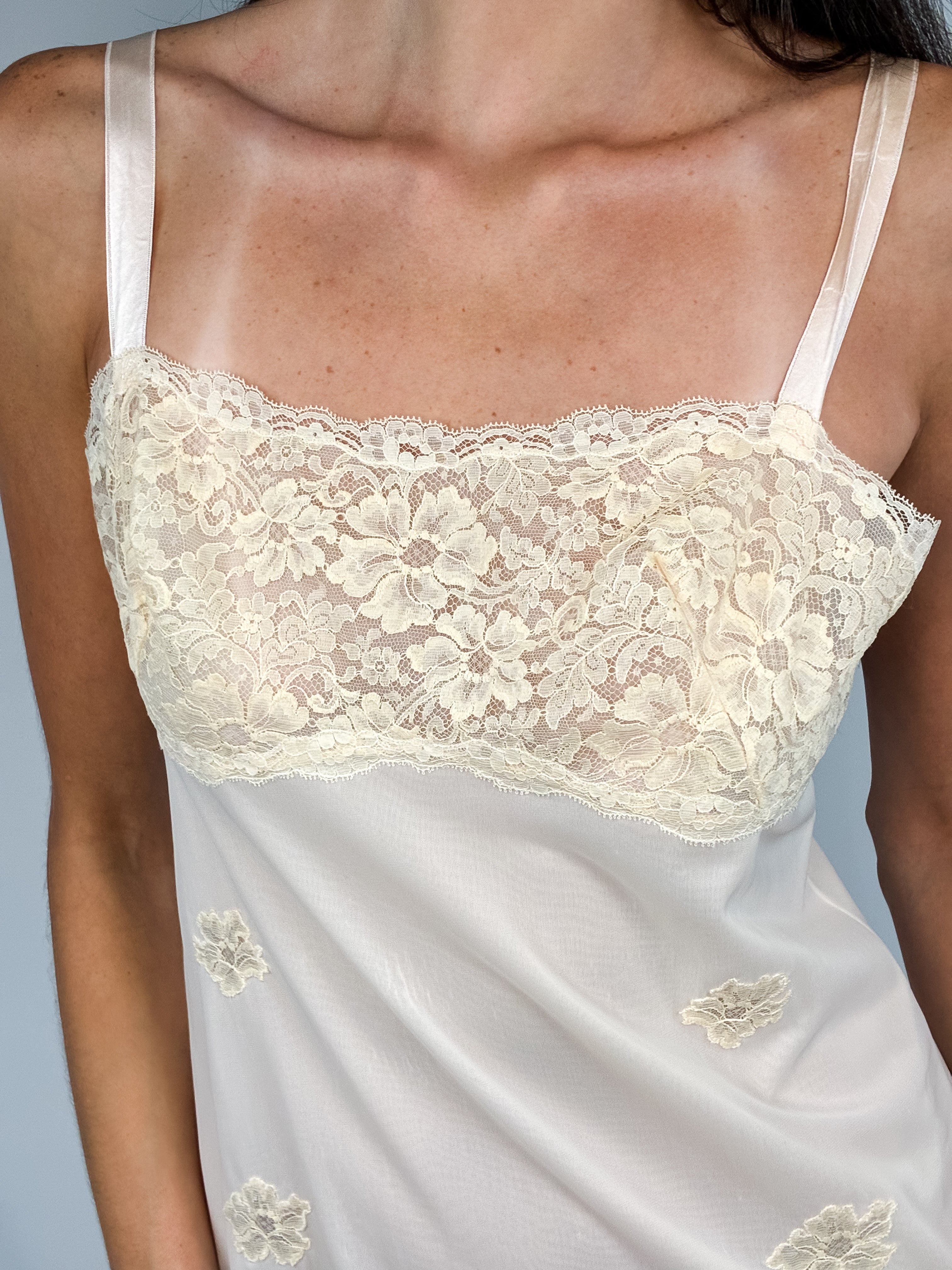 Christian Dior 1990s Cream Lace Applique Slip Dress - S/M