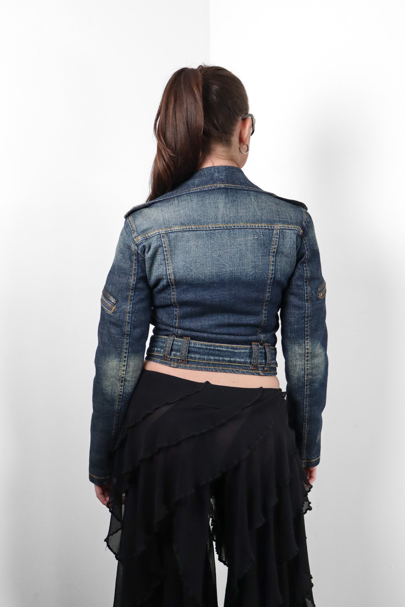 Phard 2000s Dark Denim Belted Moto Jacket with Detachable Fox Fur Collar - XS/S