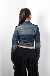 Phard 2000s Dark Denim Belted Moto Jacket with Detachable Fox Fur Collar - XS/S
