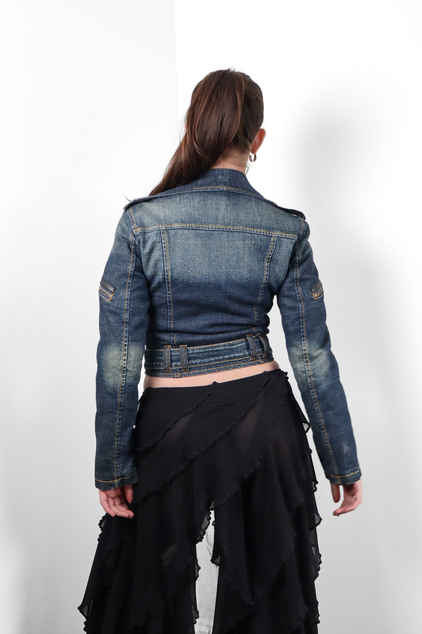 Phard 2000s Dark Denim Belted Moto Jacket with Detachable Fox Fur Collar - XS/S
