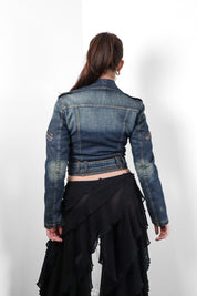 Phard 2000s Dark Denim Belted Moto Jacket with Detachable Fox Fur Collar - XS/S