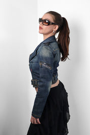 Phard 2000s Dark Denim Belted Moto Jacket with Detachable Fox Fur Collar - XS/S