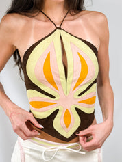 Valentino Roma 2000s Suede Patchwork Appliqué Halter Top - S/M