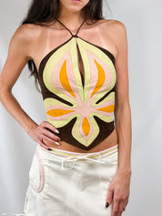 Valentino Roma 2000s Suede Patchwork Appliqué Halter Top - S/M