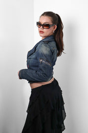 Phard 2000s Dark Denim Belted Moto Jacket with Detachable Fox Fur Collar - XS/S