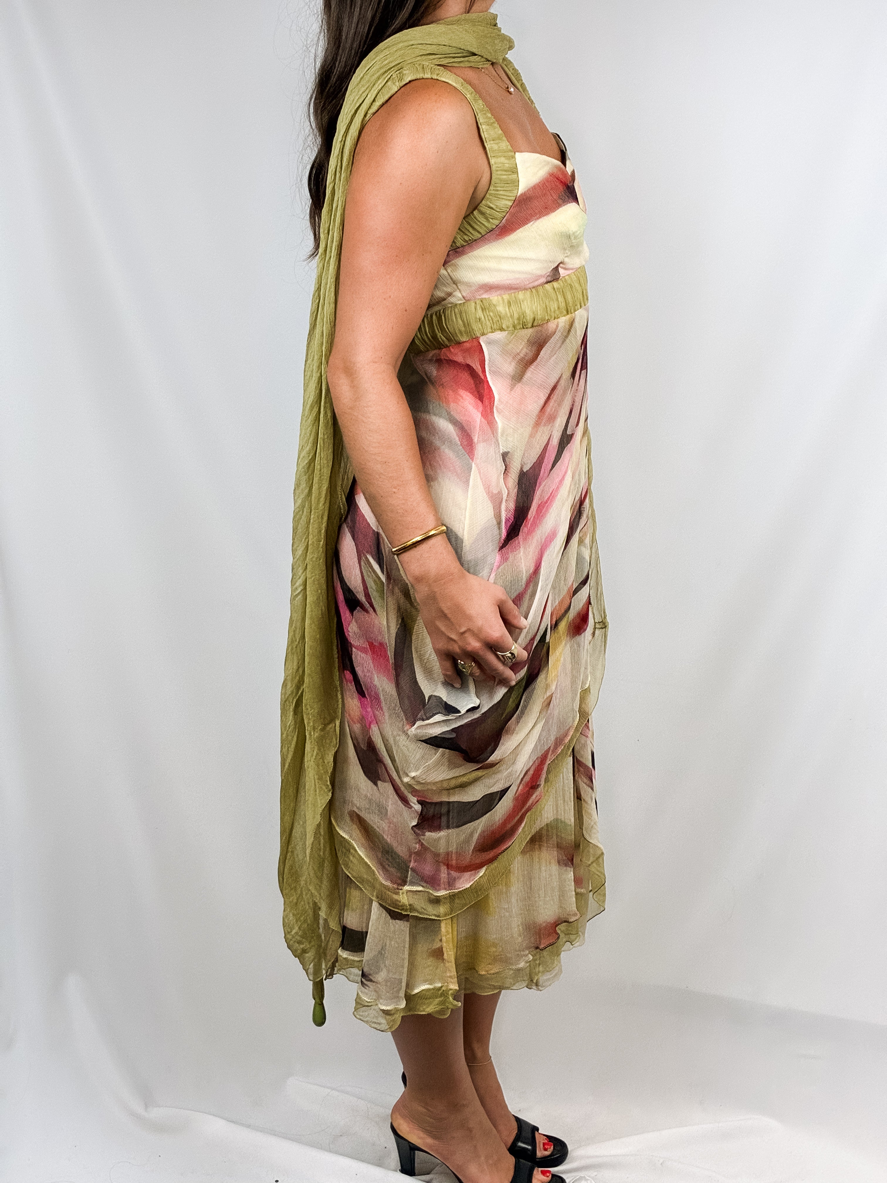 2000s Watercolor Print Chiffon Maxi Dress with Shawl - M/L