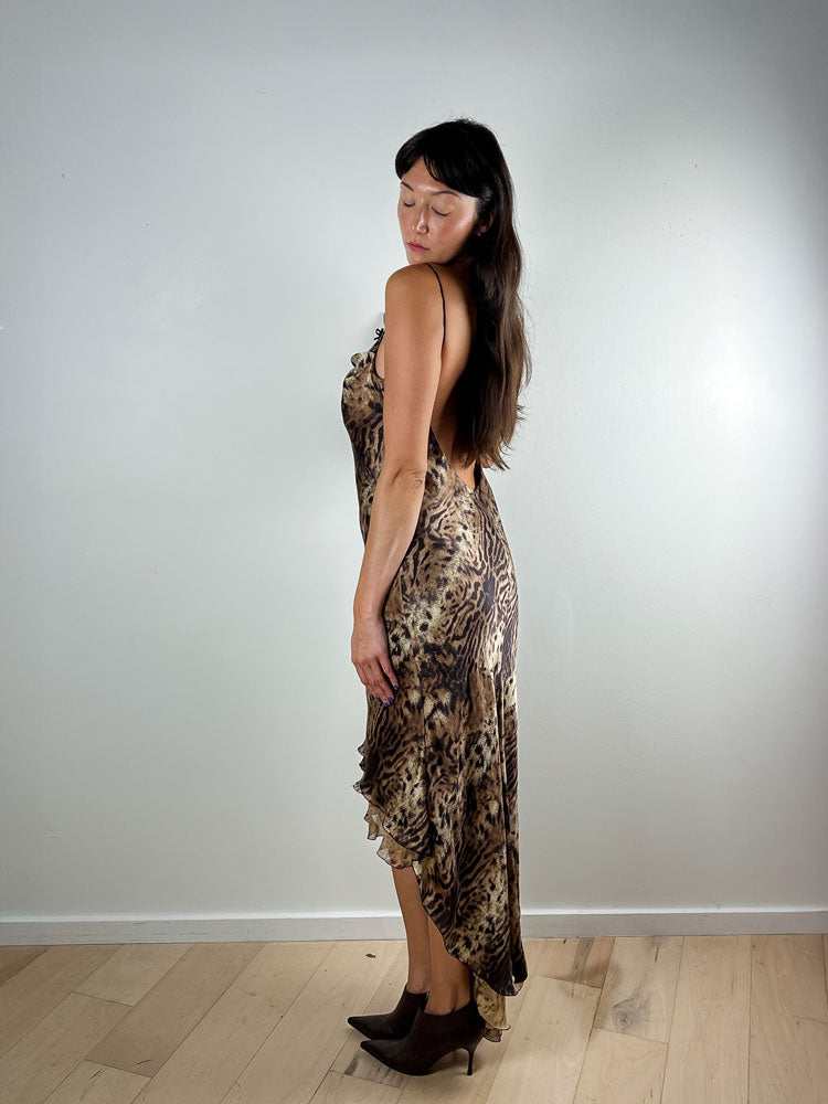 LIST Boutique 2000s Silk Leopard Slip Dress with Ruffled Hem