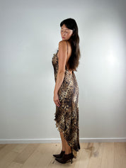 LIST Boutique 2000s Silk Leopard Slip Dress with Ruffled Hem