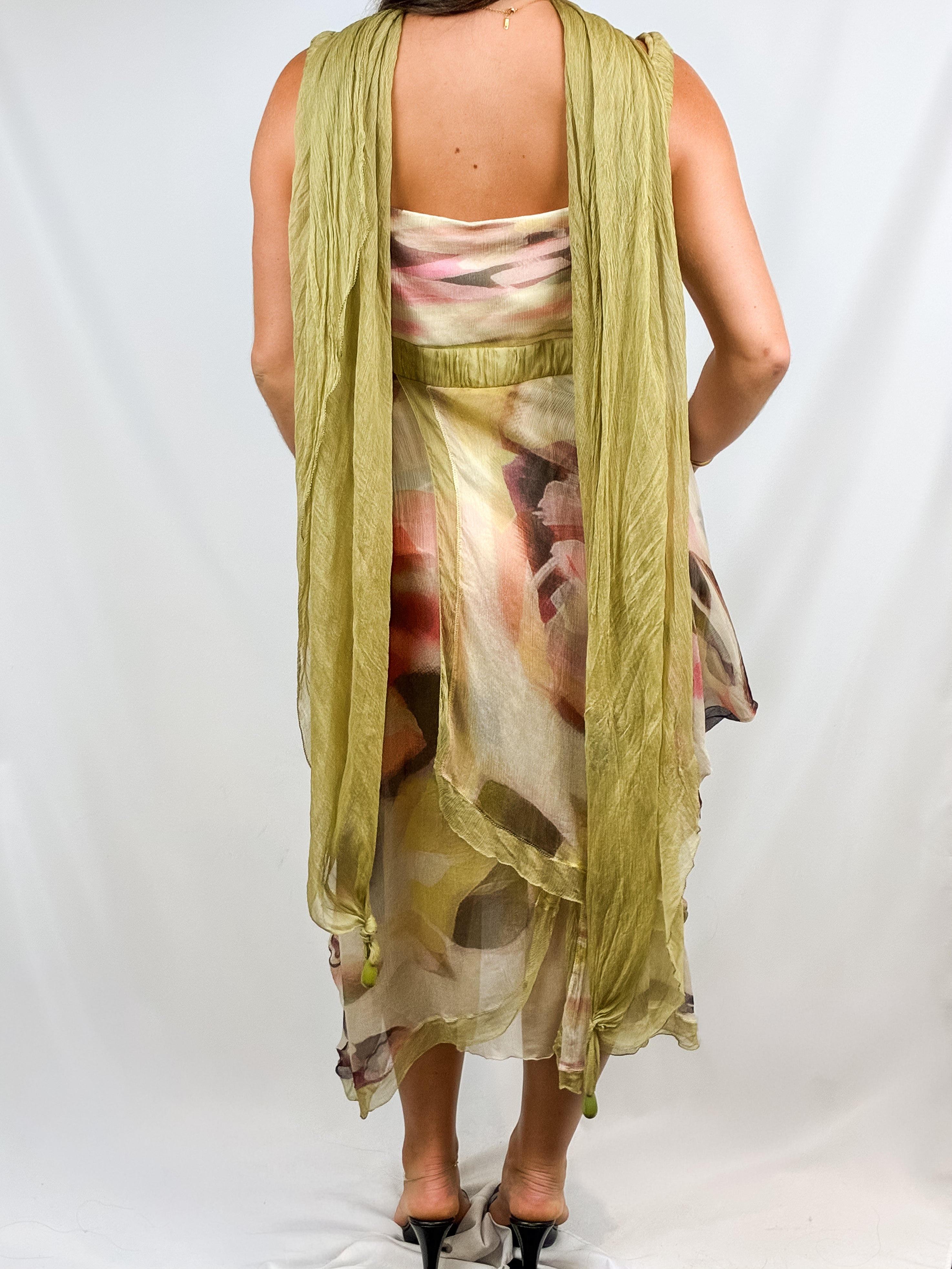 2000s Watercolor Print Chiffon Maxi Dress with Shawl - M/L