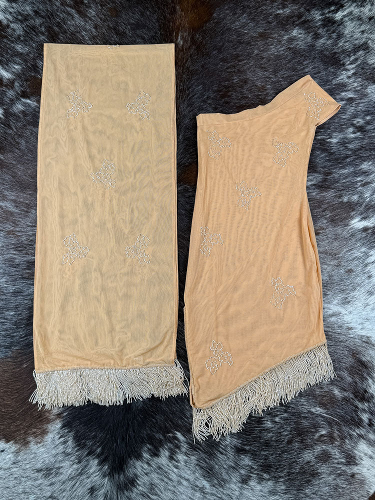 Beaded One-Shoulder Peach Mesh Dress with Matching Scarf