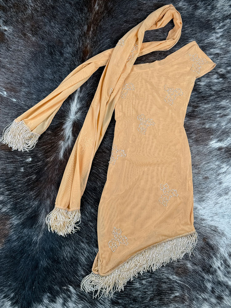 Beaded One-Shoulder Peach Mesh Dress with Matching Scarf