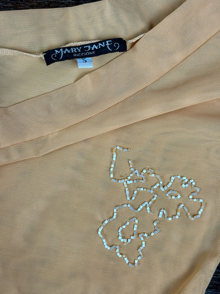 Beaded One-Shoulder Peach Mesh Dress with Matching Scarf