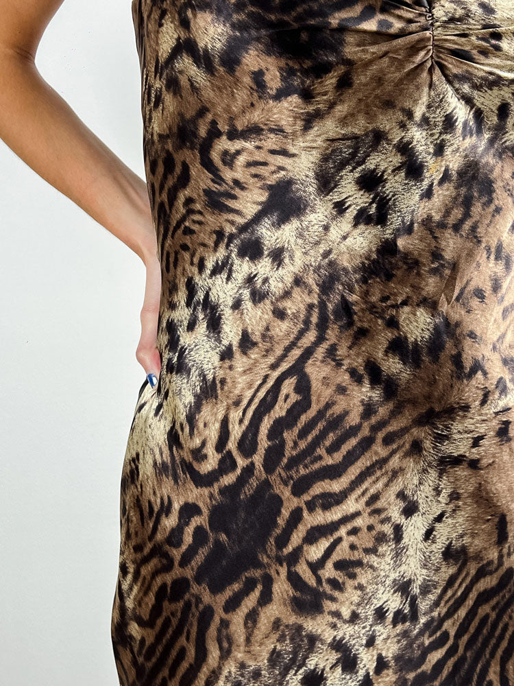 LIST Boutique 2000s Silk Leopard Slip Dress with Ruffled Hem