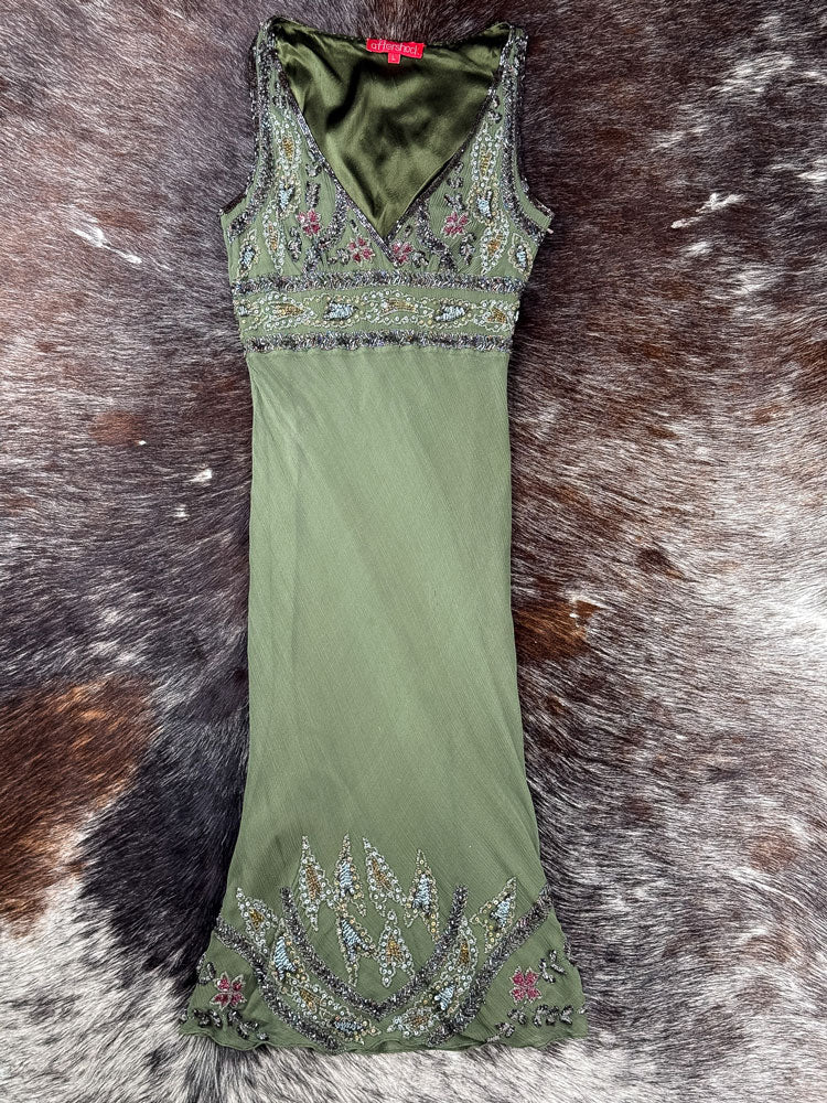 Aftershock 2000s Olive Beaded & Sequin Silk Dress