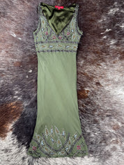 Aftershock 2000s Olive Beaded & Sequin Silk Dress