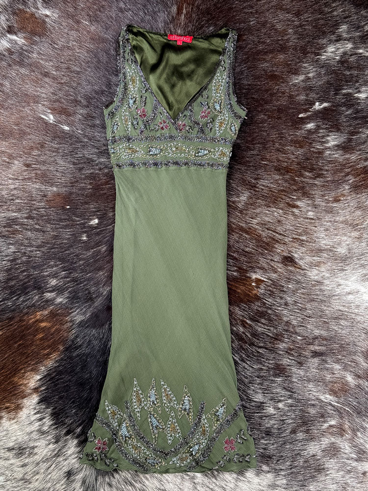 Aftershock 2000s Olive Beaded & Sequin Silk Dress