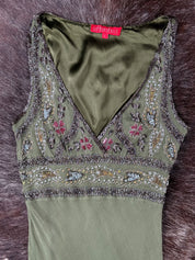 Aftershock 2000s Olive Beaded & Sequin Silk Dress