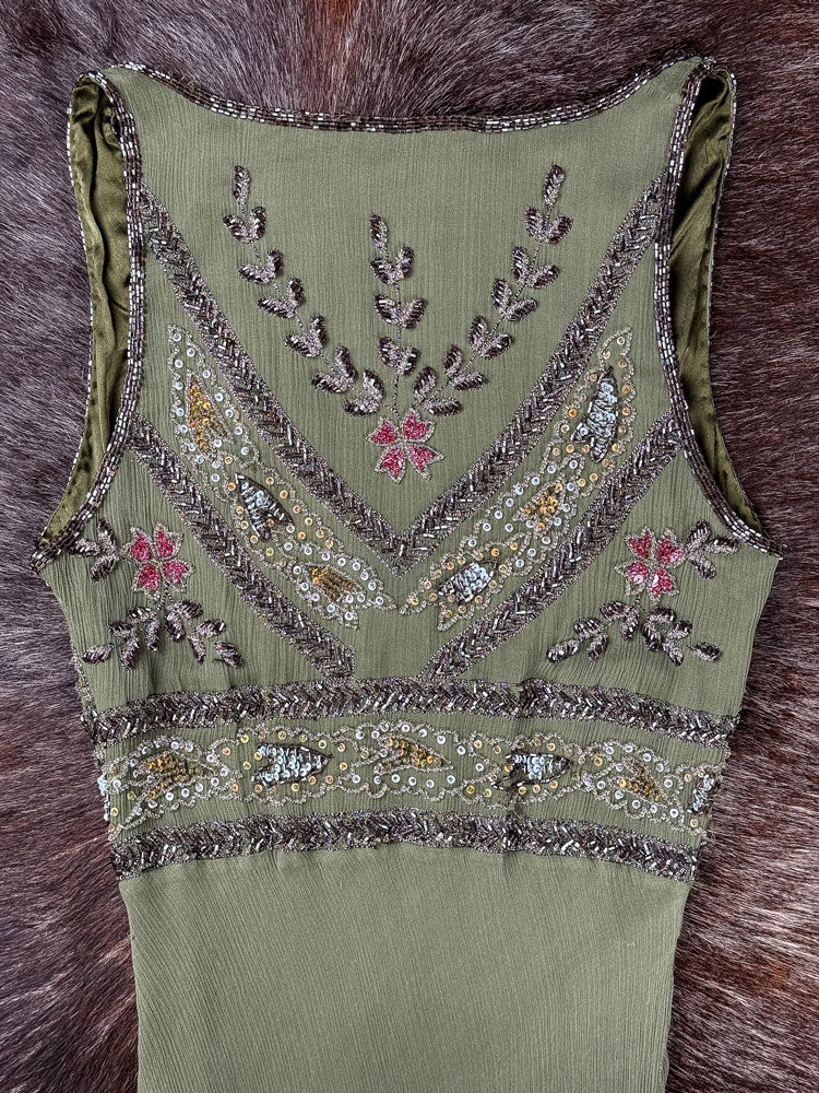 Aftershock 2000s Olive Beaded & Sequin Silk Dress