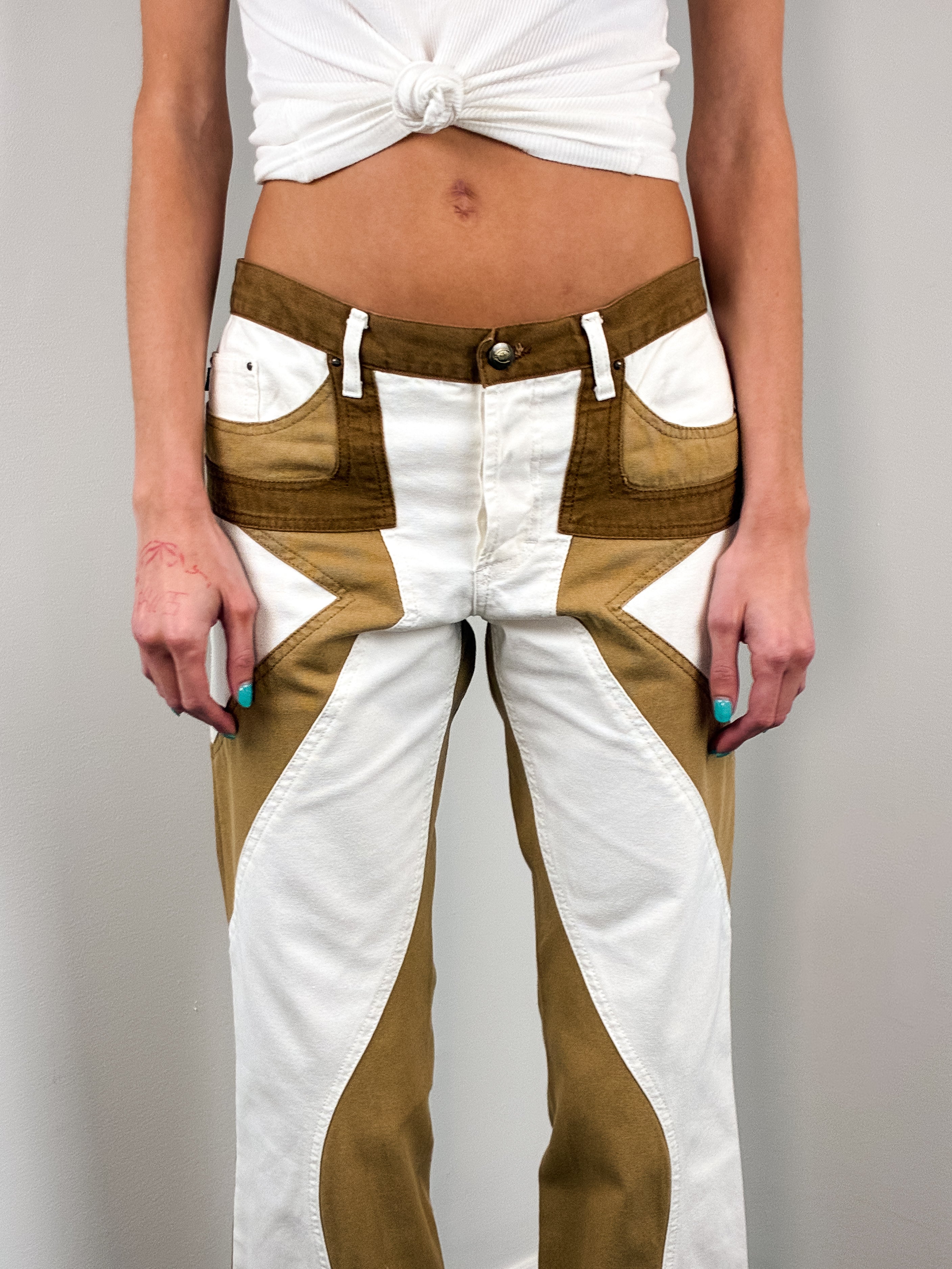 Just Cavalli 2000s White & Tan Colorblock Star-Panel Jeans - W29