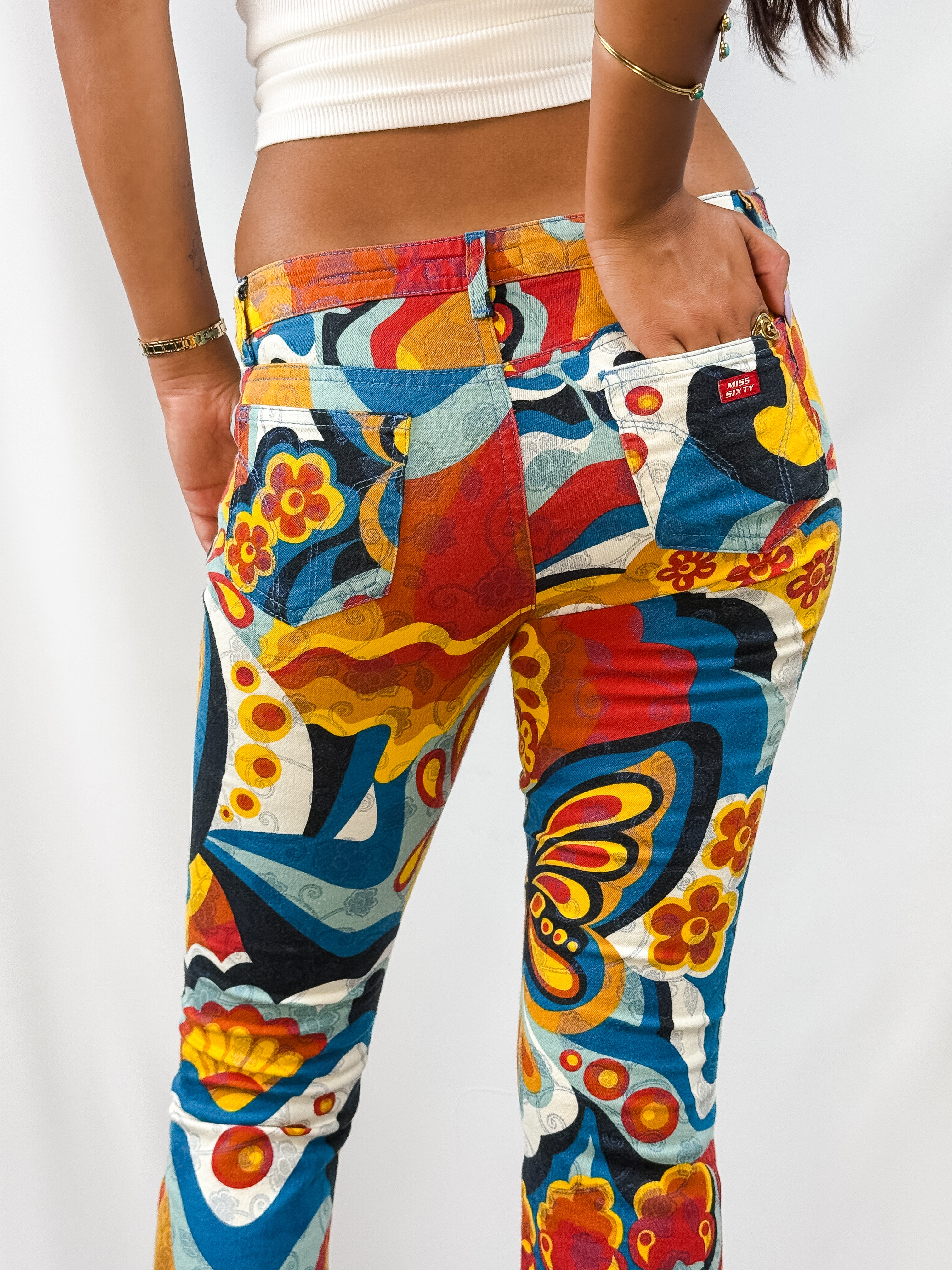 Miss Sixty 2000s Psychedelic Butterfly Print Low Rise Flare Jeans - W27