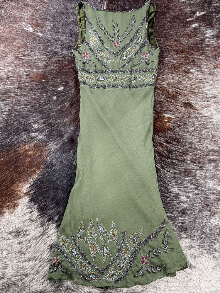 Aftershock 2000s Olive Beaded & Sequin Silk Dress