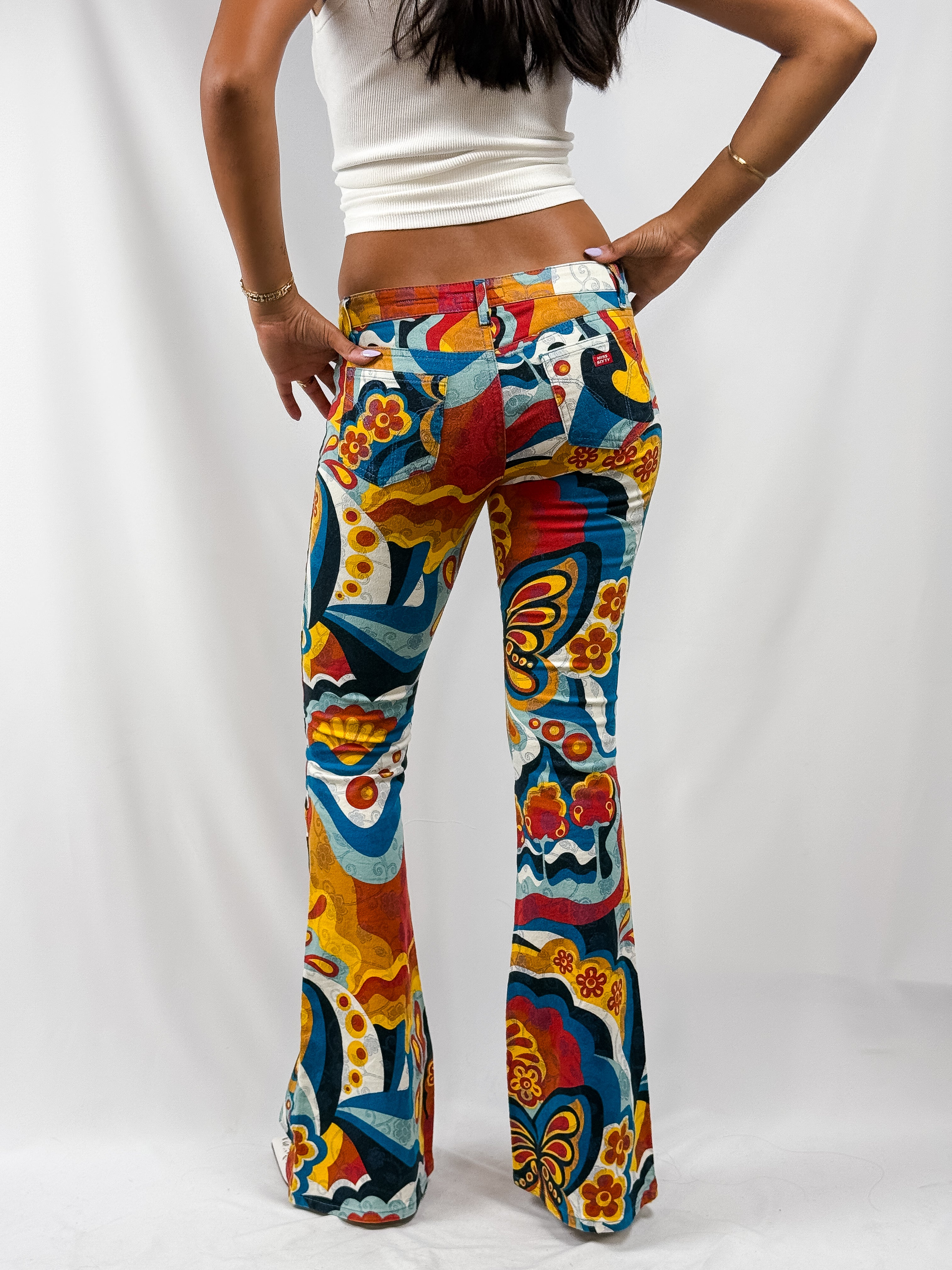 Miss Sixty 2000s Psychedelic Butterfly Print Low Rise Flare Jeans - W27