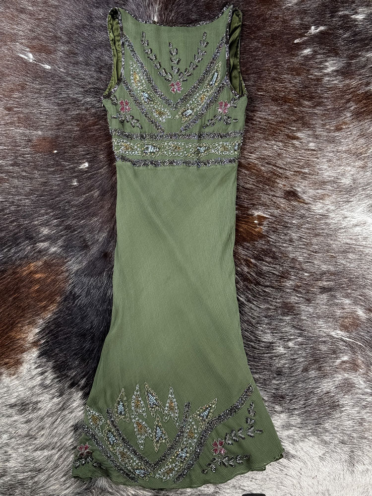 Aftershock 2000s Olive Beaded & Sequin Silk Dress