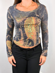 Roberto Cavalli 2000s Charcoal Paisley Print Long Sleeve Top - M/L