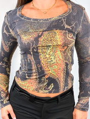 Roberto Cavalli 2000s Charcoal Paisley Print Long Sleeve Top - M/L