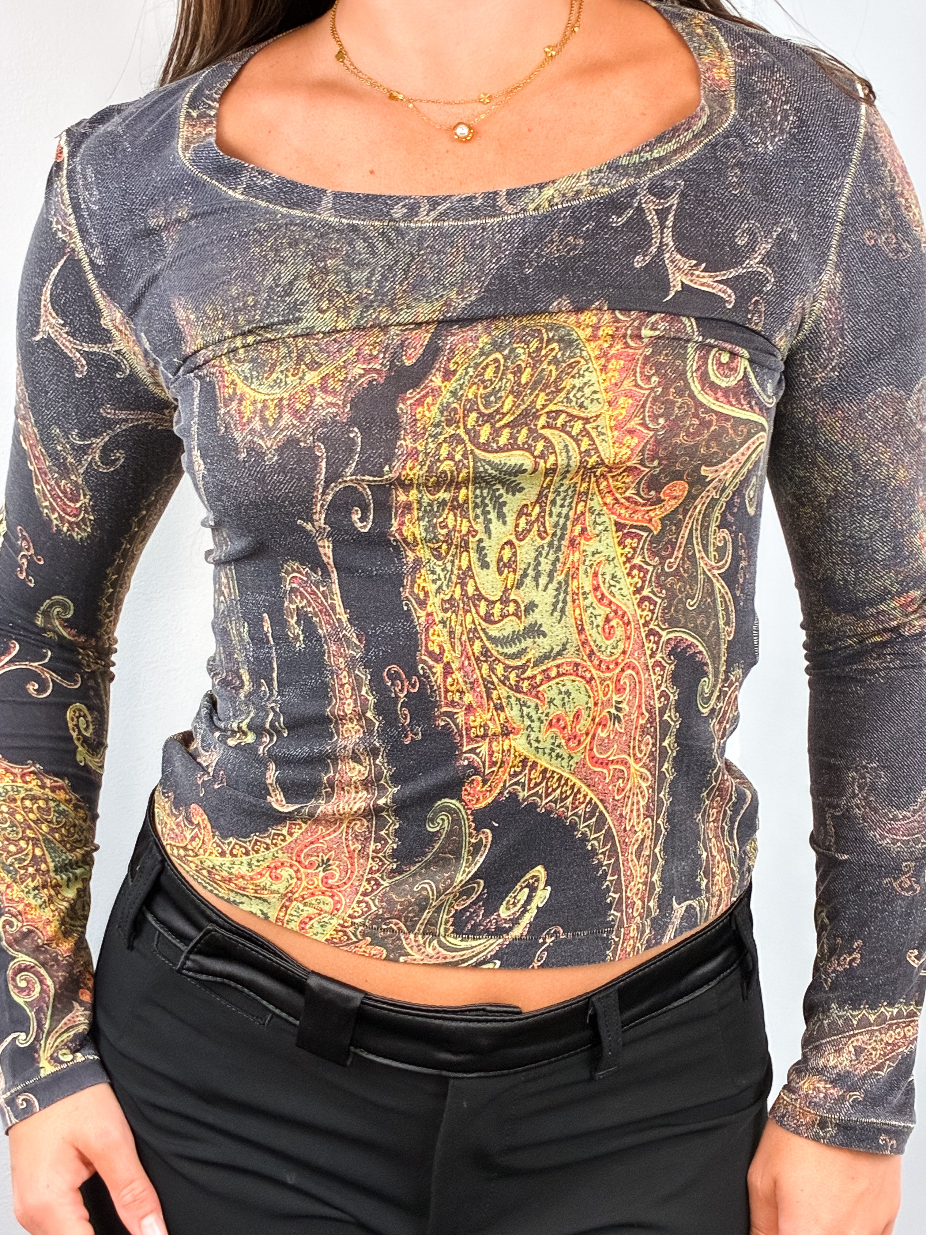 Roberto Cavalli 2000s Charcoal Paisley Print Long Sleeve Top - M/L