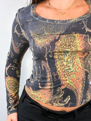 Roberto Cavalli 2000s Charcoal Paisley Print Long Sleeve Top - M/L
