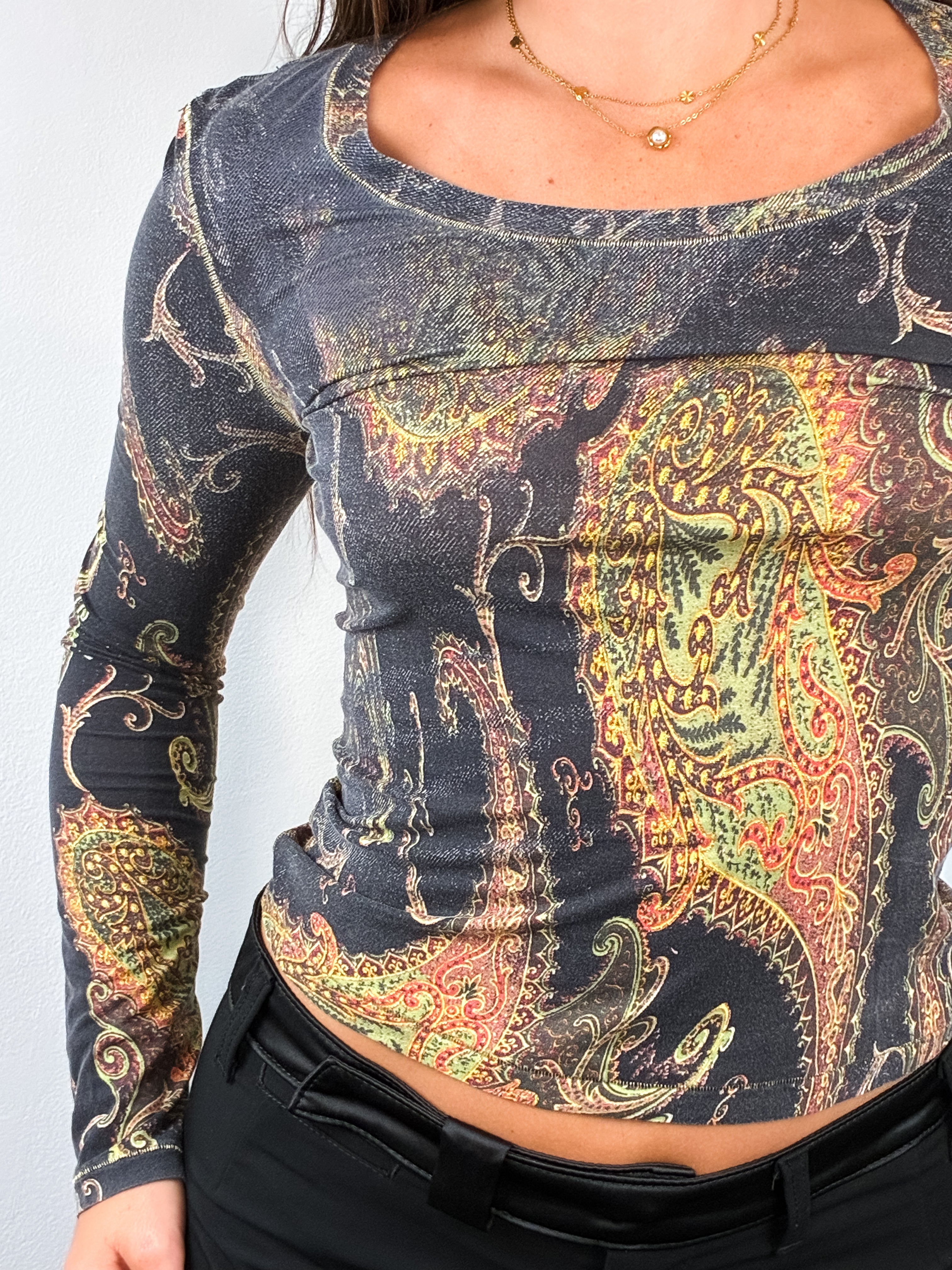Roberto Cavalli 2000s Charcoal Paisley Print Long Sleeve Top - M/L