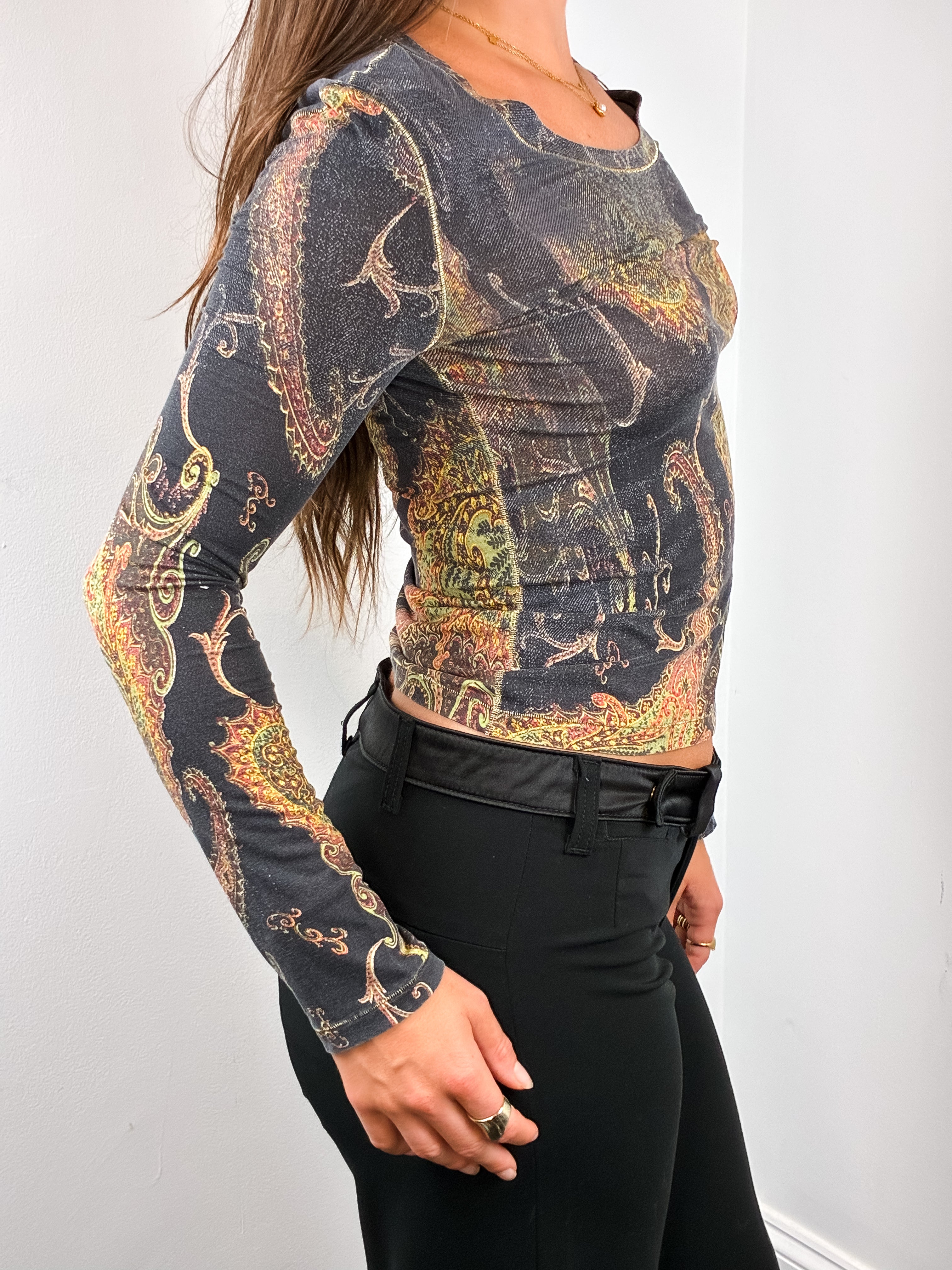 Roberto Cavalli 2000s Charcoal Paisley Print Long Sleeve Top - M/L