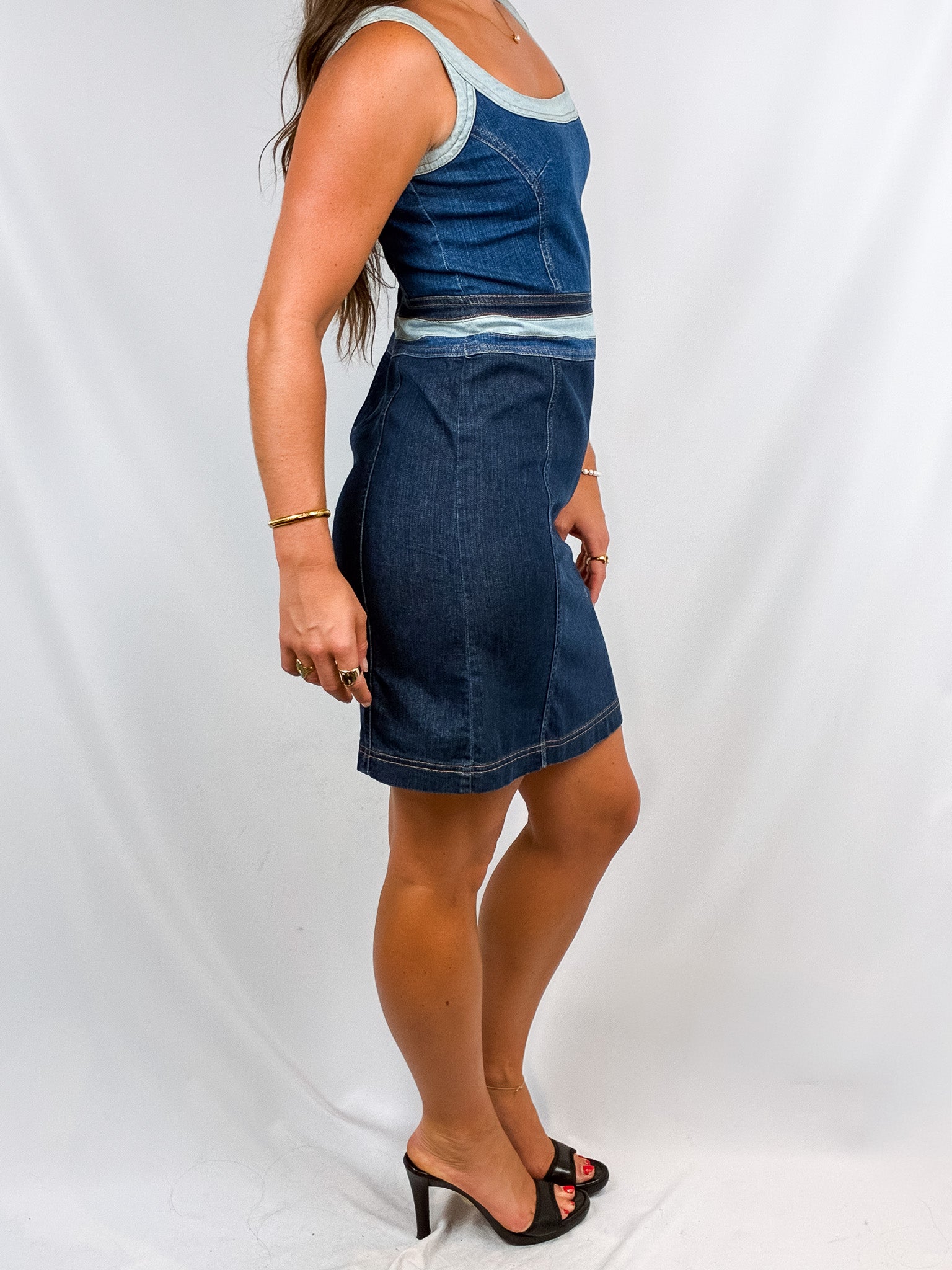 D&G Dolce & Gabbana 2000s Denim Two-Tone Colorblock Mini Dress - S/M