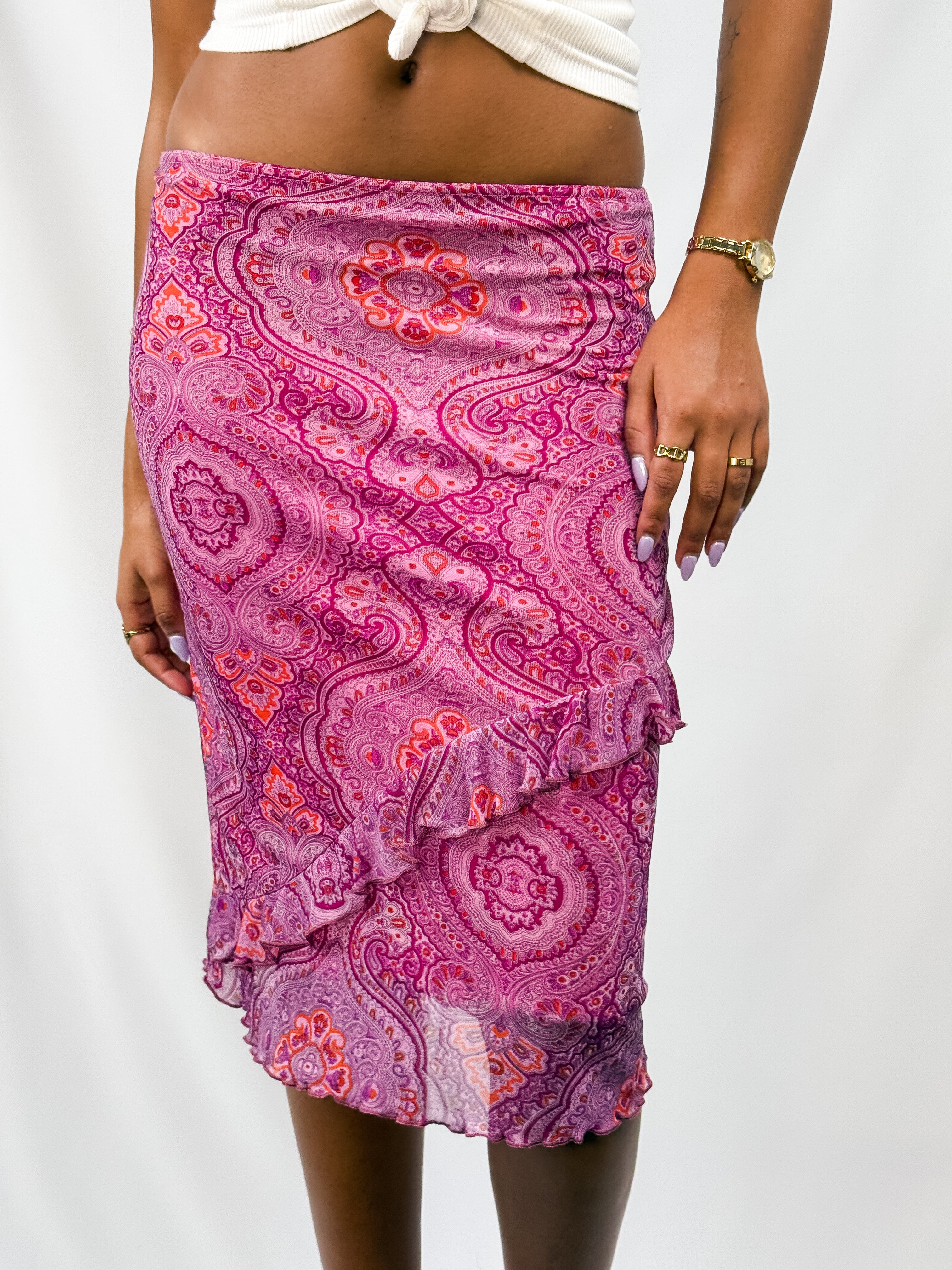Enzo Loco Paris 2000s Paisley Medallion Print Ruffle Midi Skirt - XS/L