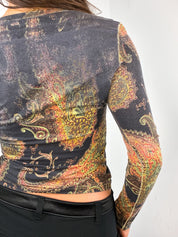 Roberto Cavalli 2000s Charcoal Paisley Print Long Sleeve Top - M/L