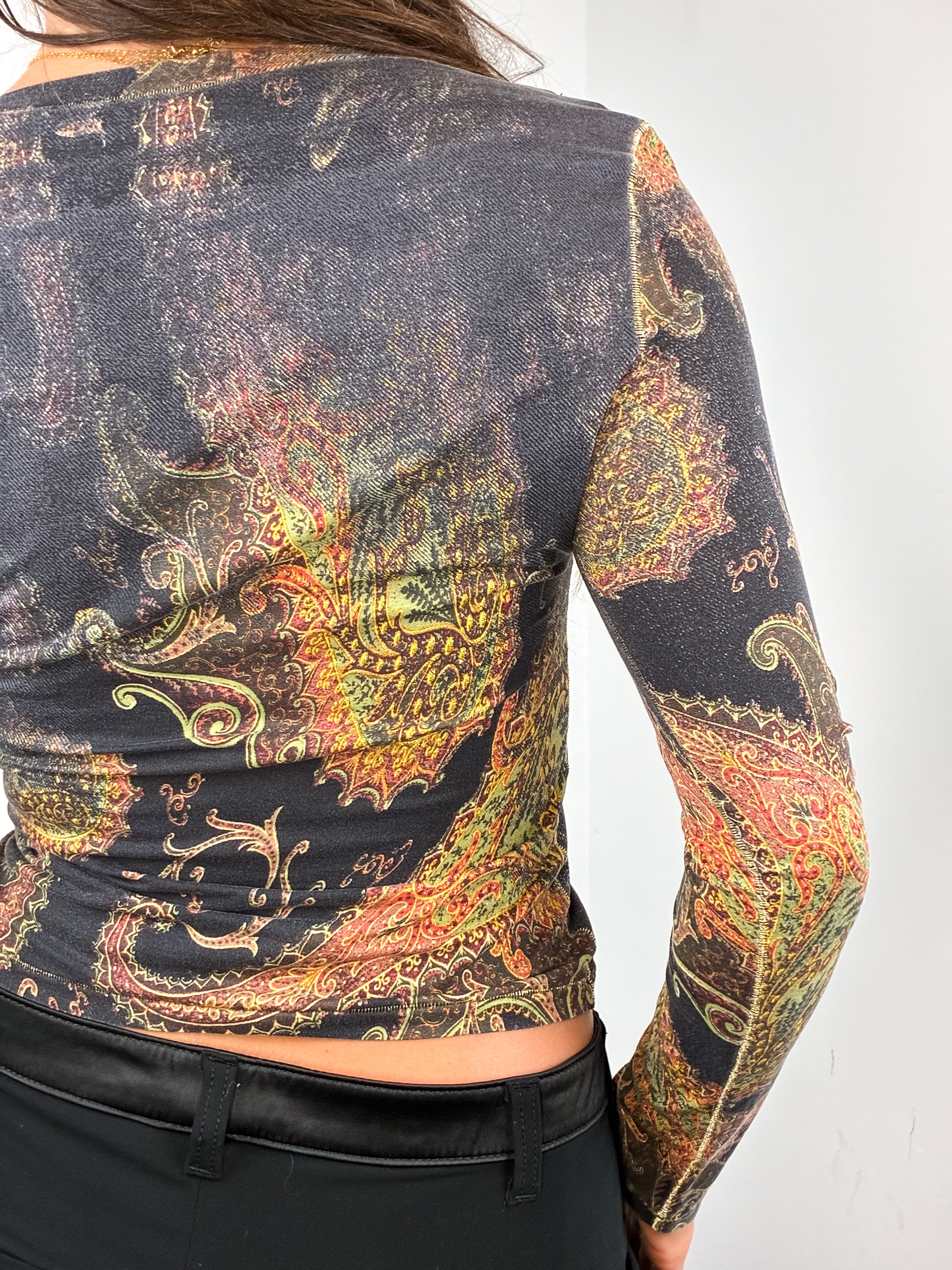 Roberto Cavalli 2000s Charcoal Paisley Print Long Sleeve Top - M/L