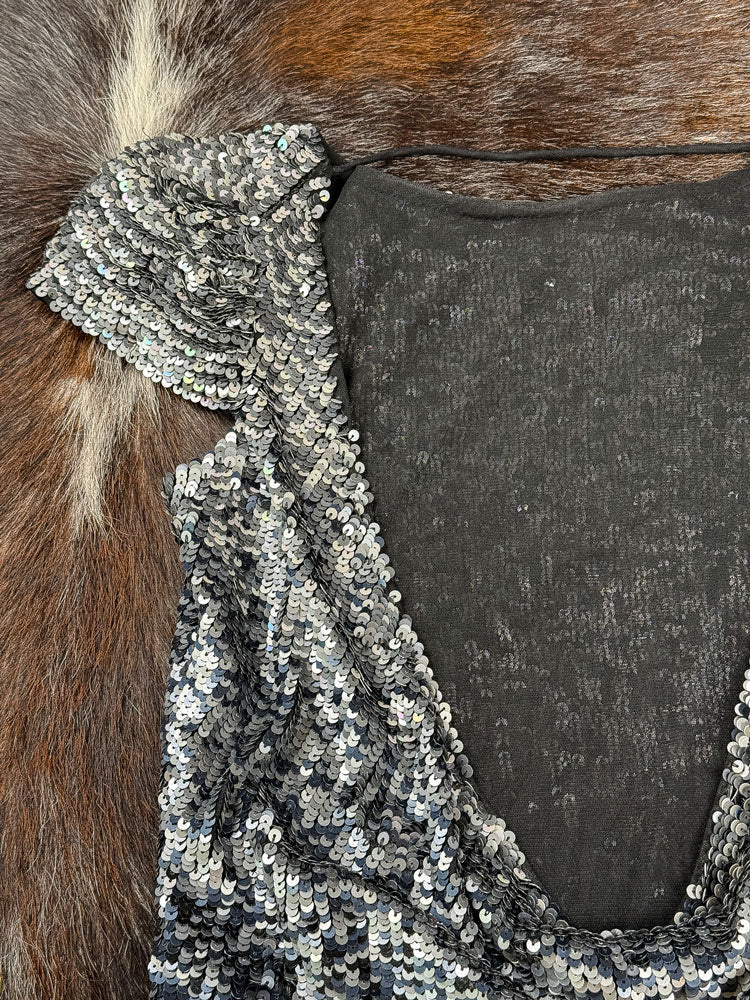 Patrizia Pepe Sera 2000's Black Silver Sequin Top