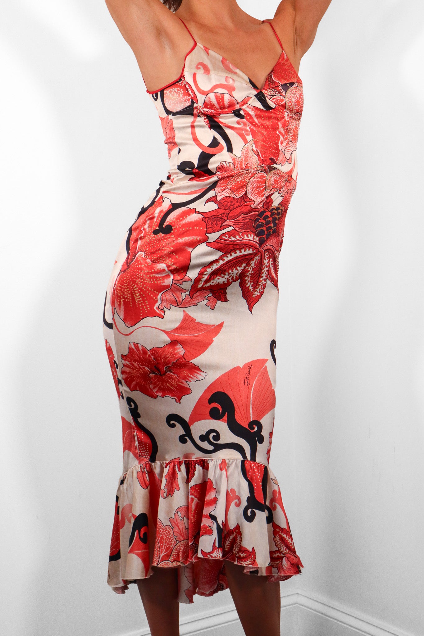 Just Cavalli 2000s Red Floral Fan Print Silk Mermaid Hem Midi Dress - XS/S