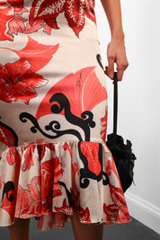 Just Cavalli 2000s Red Floral Fan Print Silk Mermaid Hem Midi Dress - XS/S