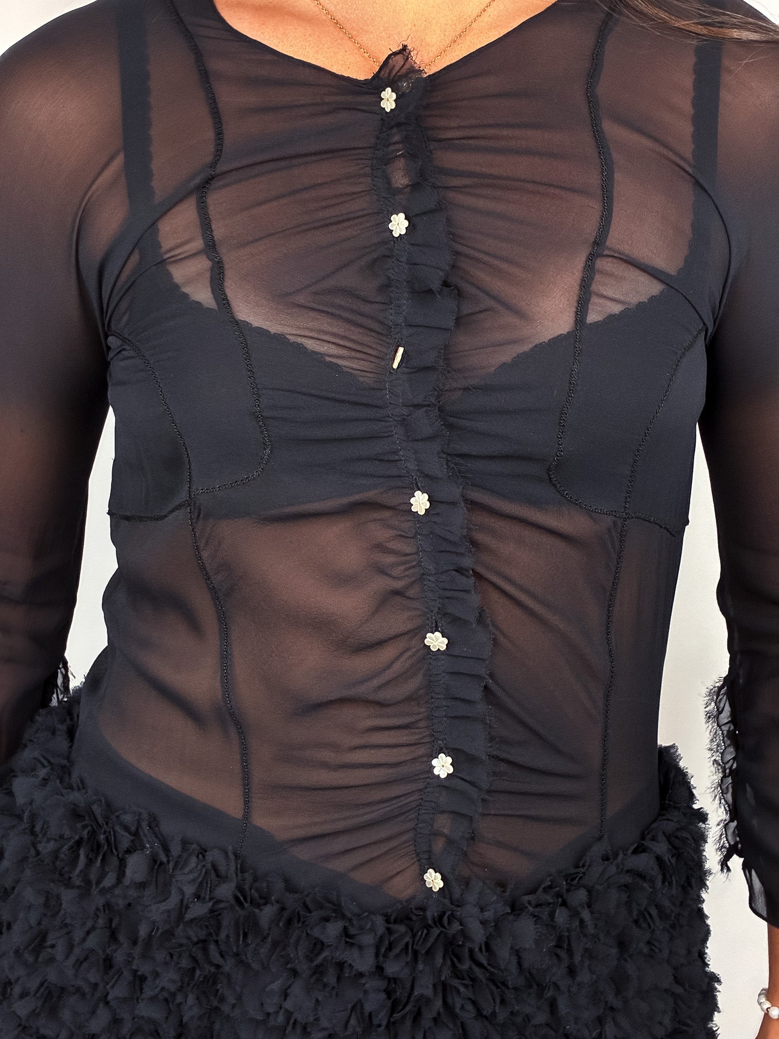 Kristina Ti 2000s Black Sheer Silk Ruffle Mini Dress - S/M