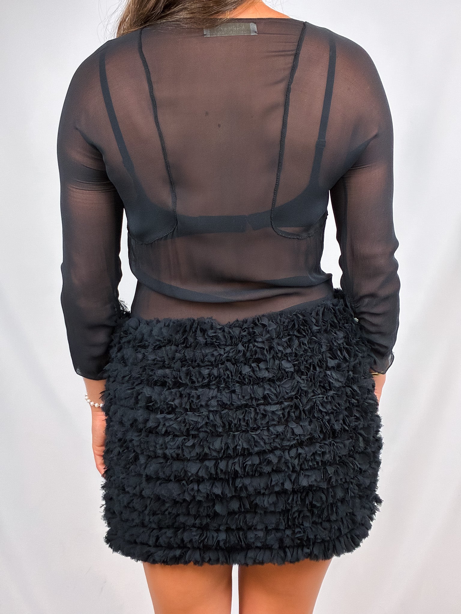 Kristina Ti 2000s Black Sheer Silk Ruffle Mini Dress - S/M