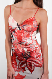 Just Cavalli 2000s Red Floral Fan Print Silk Mermaid Hem Midi Dress - XS/S